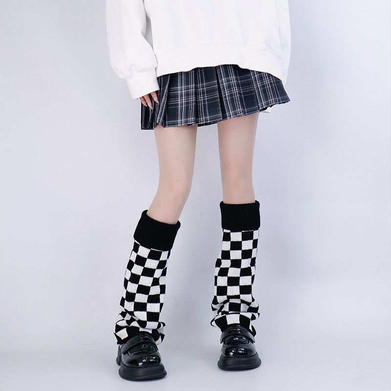 Boot Sock Slouchy - 블랙 화이트 체크 무늬 레그 워머
