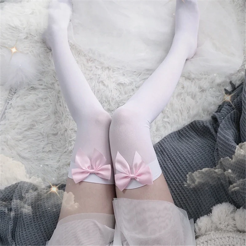 Thigh High Sock Stay Up - 섹시한 여성 양말 핑크 보우 허벅지