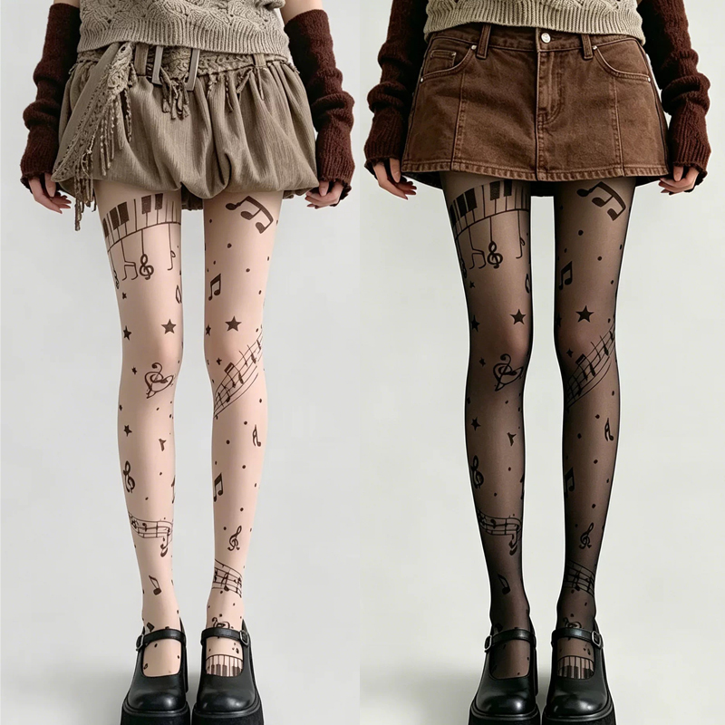Y2K 음표 프린트 시어 팬티 스타킹 레트로 음악 패턴 - Tights Pantyhose Sheer 리뷰 및 가격